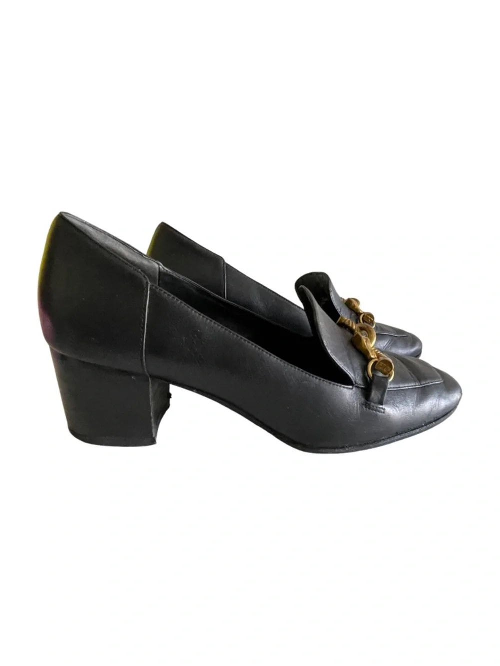 Tory Burch Jessa Black Leather Block Heel Loafers Gold Horsebit Detail Size 8.5